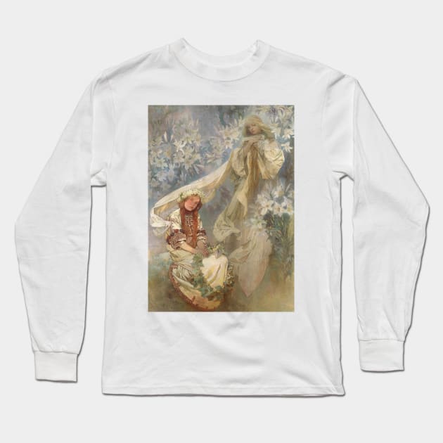 Madonna of the Lilies - Alfons Mucha 1905 Long Sleeve T-Shirt by immortalpeaches